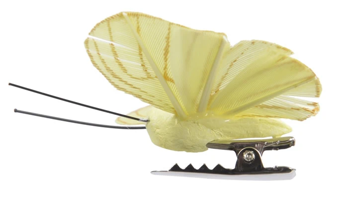 Decoratie vlinder op clip geel 6,5 cm (6 stuks)