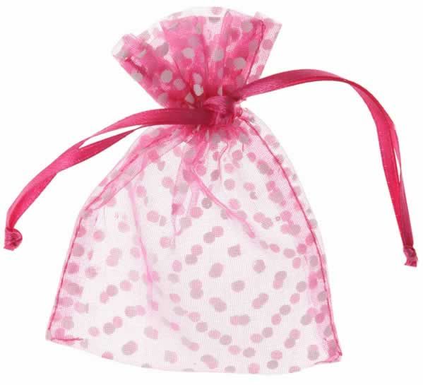 Organza zakjes fuchsia stippen 10 x 7,5 cm (10 stuks)