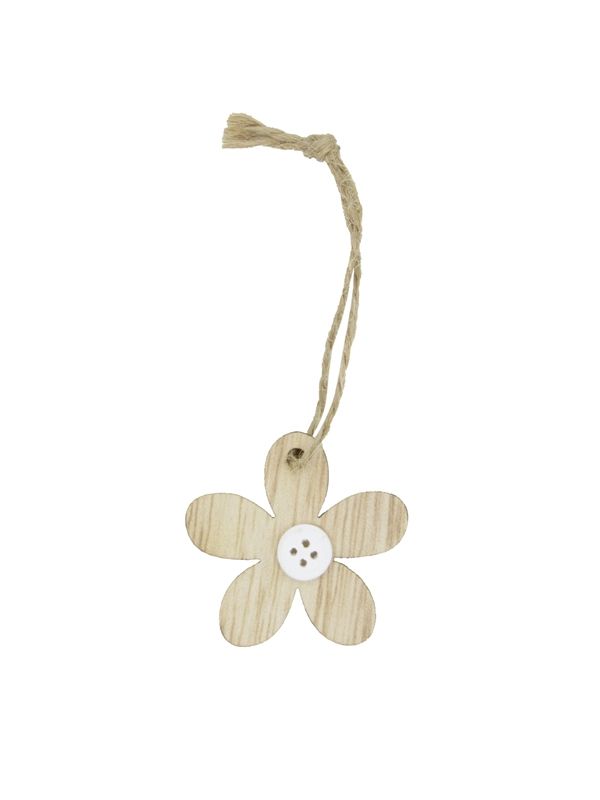 Houten hanger bloem met knoop naturel 4,5 cm (24 stuks)