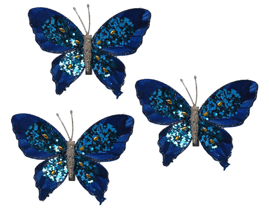 Decoratie vlinders op clip blauw 12 cm (3 stuks)