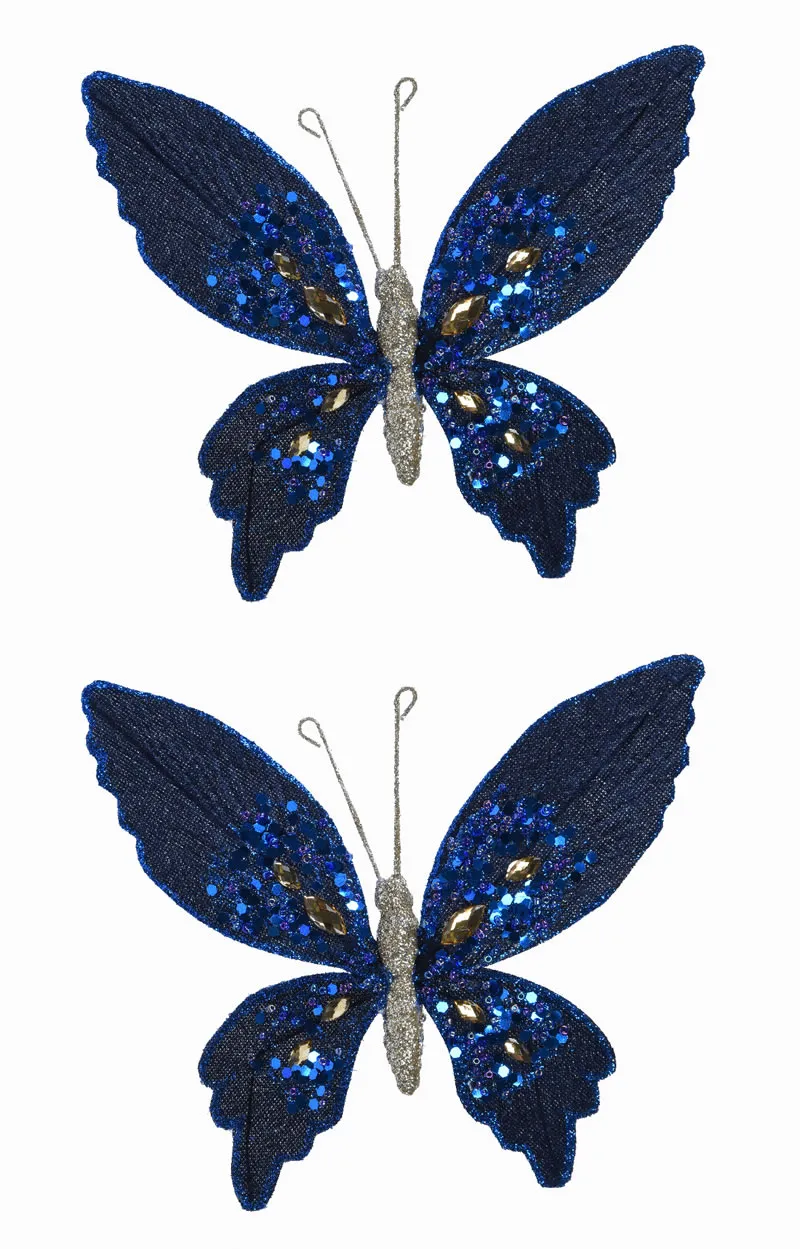 Decoratie vlinders op clip blauw 15 cm (2 stuks) Decoratie vlinders op clip blauw 15 cm (2 stuks)