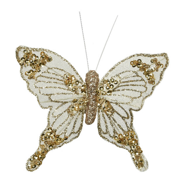 Decoratie vlinders op clip glitter goud (3 stuks)
