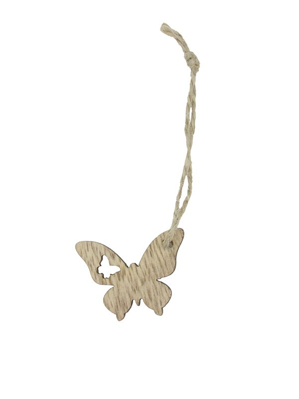 Houten hanger butterfly met touwtje naturel 3 cm (36 stuks)