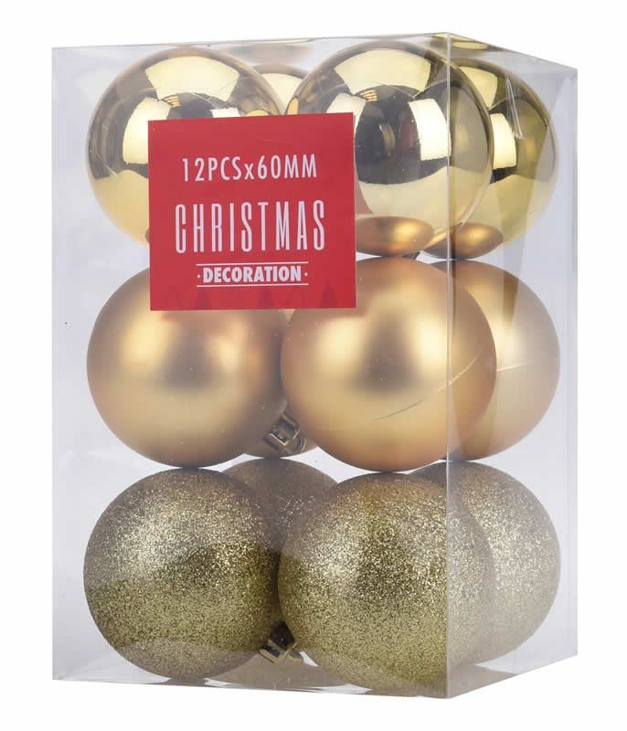 Kerstballen goud 6 cm plastic (set 12 stuks)