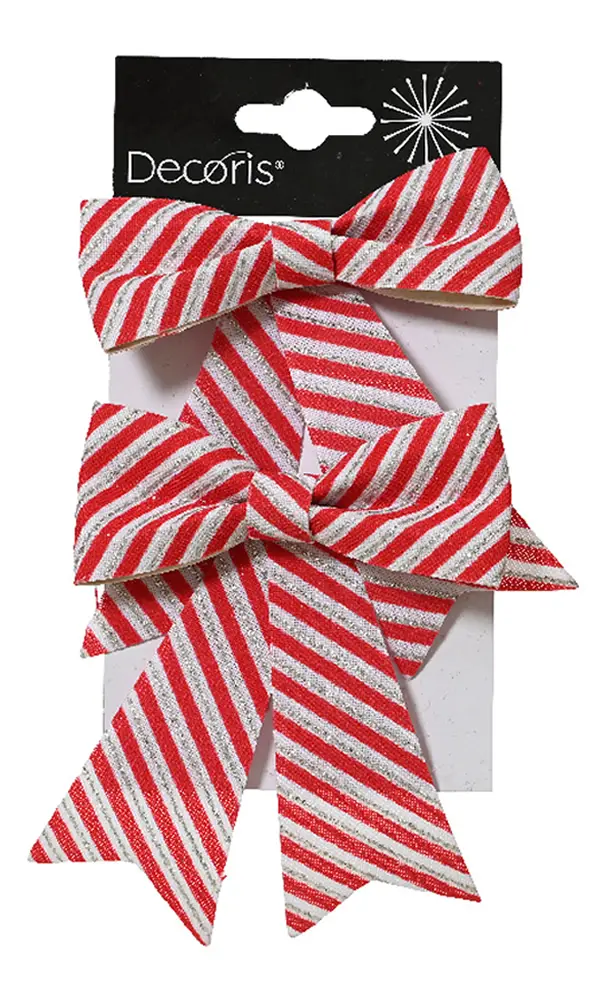 Decoratie strik strepen rood wit 10 cm (2 stuks)