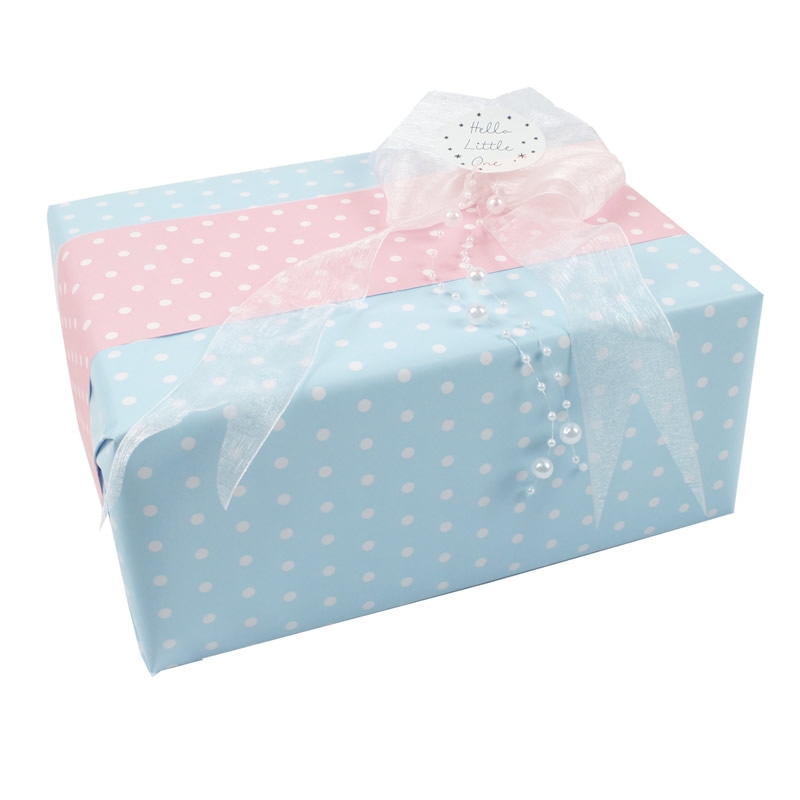 Inpakpapier stippen blauw roze dubbelzijdig 50 cm (200 meter)
