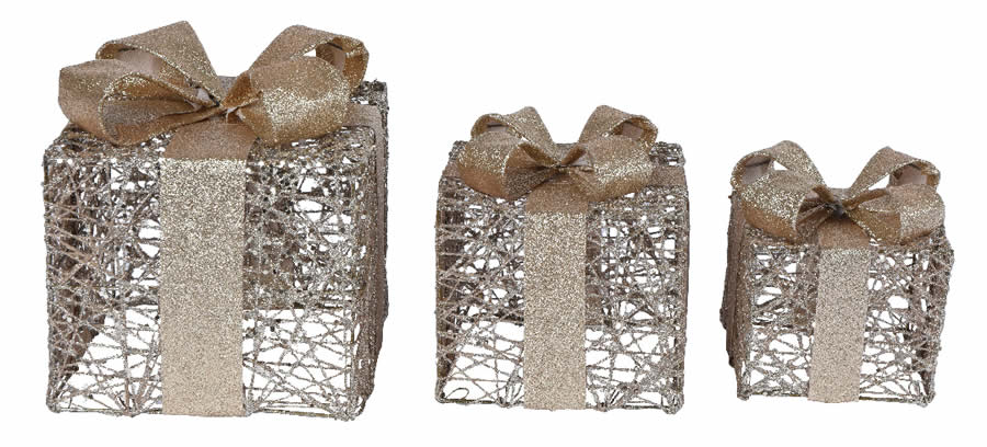 Decoratie cadeautjes glitter champagne goud (set van 3)