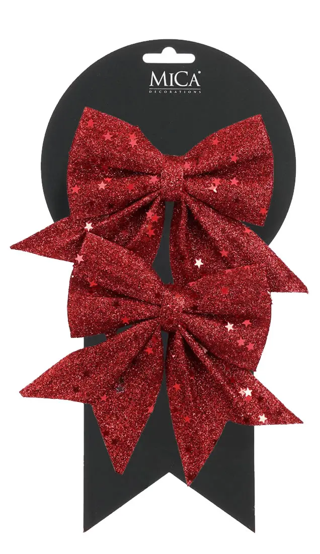 Decoratie strik glitter sterren rood 12 x 13 cm (2 stuks) Decoratie strik glitter sterren rood 12 x 13 cm (2 stuks)