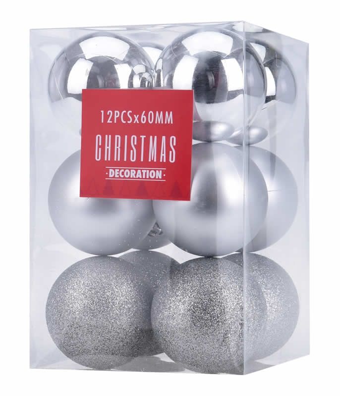 Kerstballen zilver 6 cm plastic (set 12 stuks)