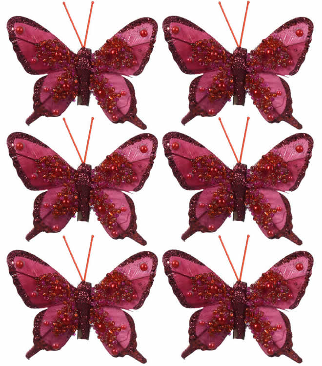 Decoratie vlinders op clip bordeaux  8 cm (6 stuks)