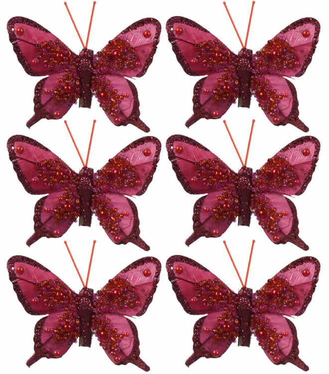 Decoratie vlinders op clip bordeaux 8 cm (6 stuks)