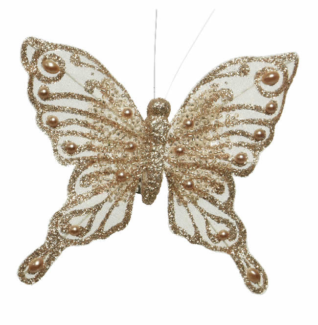 Decoratie vlinders op clip glitter goud (3 stuks)