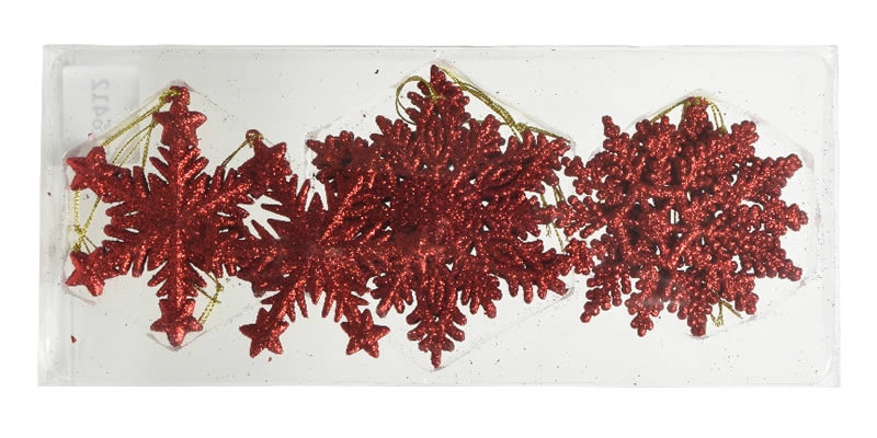 Kersthangers sneeuwvlok glitter rood (12 stuks)