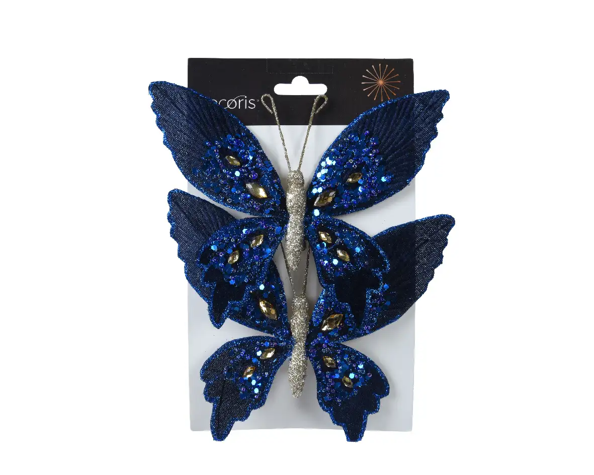 Decoratie vlinders op clip blauw 15 cm (2 stuks) Decoratie vlinders op clip blauw 15 cm (2 stuks)
