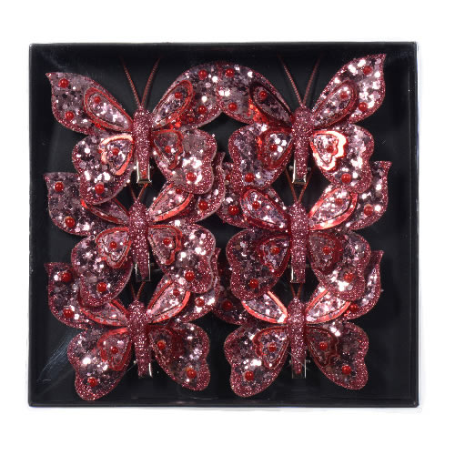 Decoratie vlinders op clip oud roze 8 cm (6 stuks)