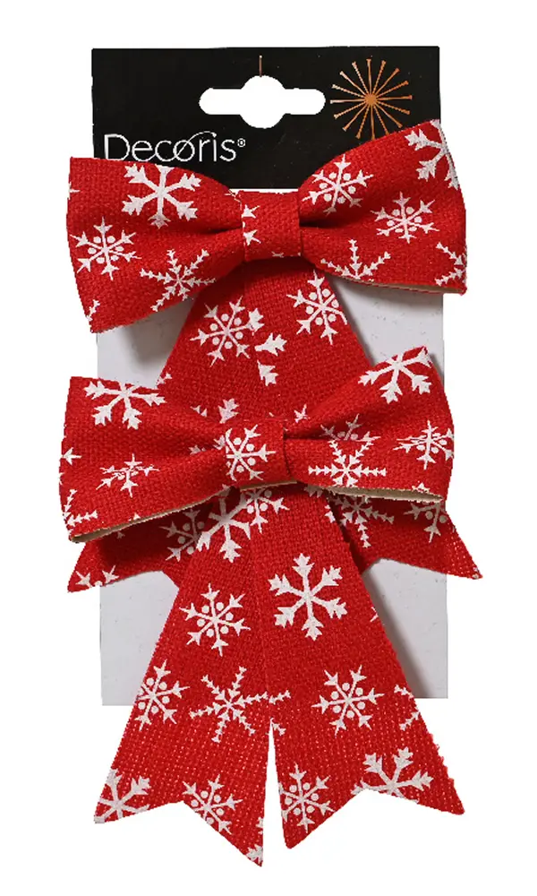 Decoratie strik sneeuwvlok rood wit 10 cm (2 stuks)