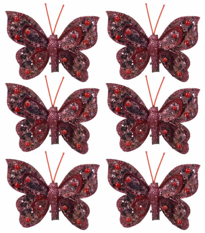 Decoratie vlinders op clip oud roze 8 cm (6 stuks)