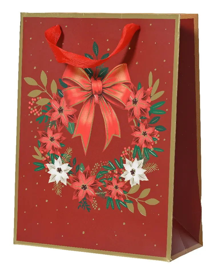 Kersttasjes kerstkrans rood 18 x 8 x 24 cm (6 stuks)