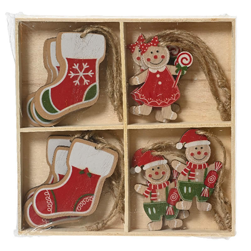 Houten hangers kerstsok en gemberkoek 5 cm (12 stuks)