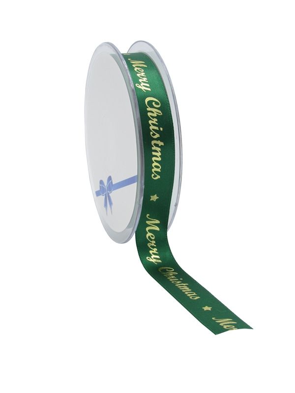 Cadeaulint Merry Christmas groen 15 mm (25 meter)