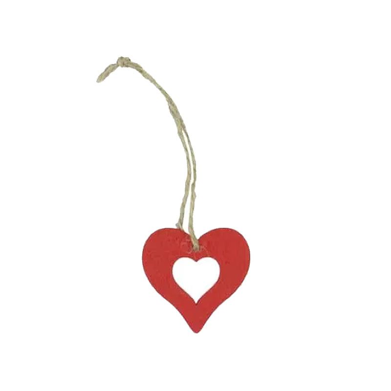 Houten hanger open hart rood met touwtje 5 cm (24 stuks)