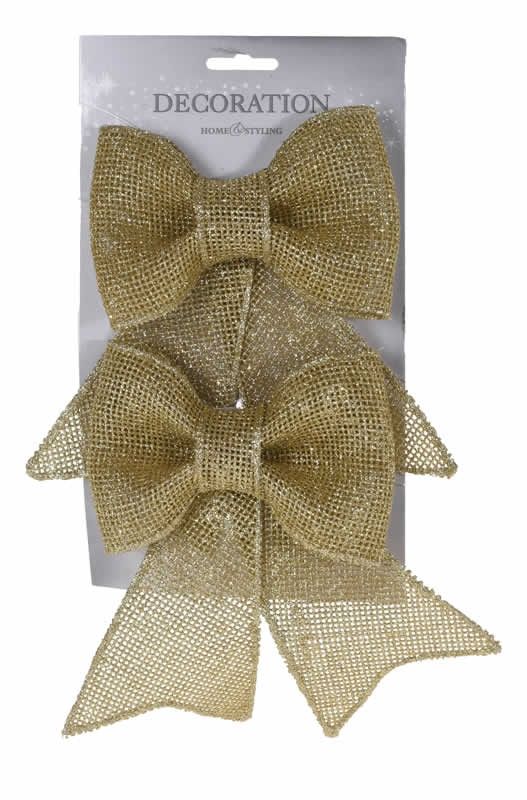 Decoratie strikken glitter goud 18 cm (2 stuks)