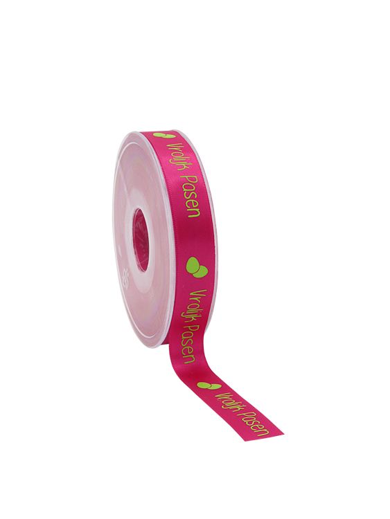 Cadeaulint vrolijk Pasen fuchsia 15 mm (25 meter)