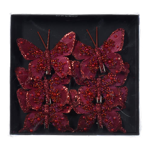 Decoratie vlinders op clip bordeaux 8 cm (6 stuks)