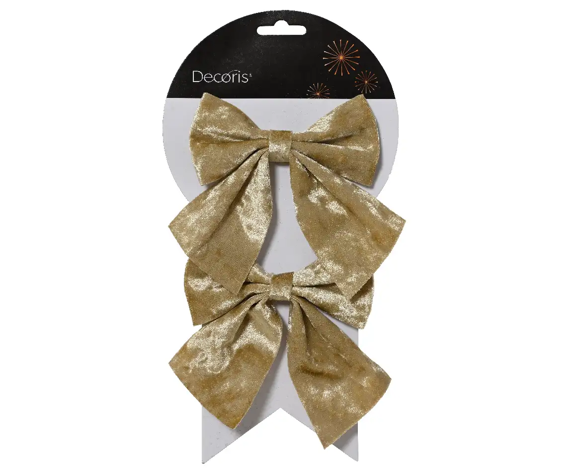 Decoratie strik velvet champagne goud 12 cm (2 stuks) 