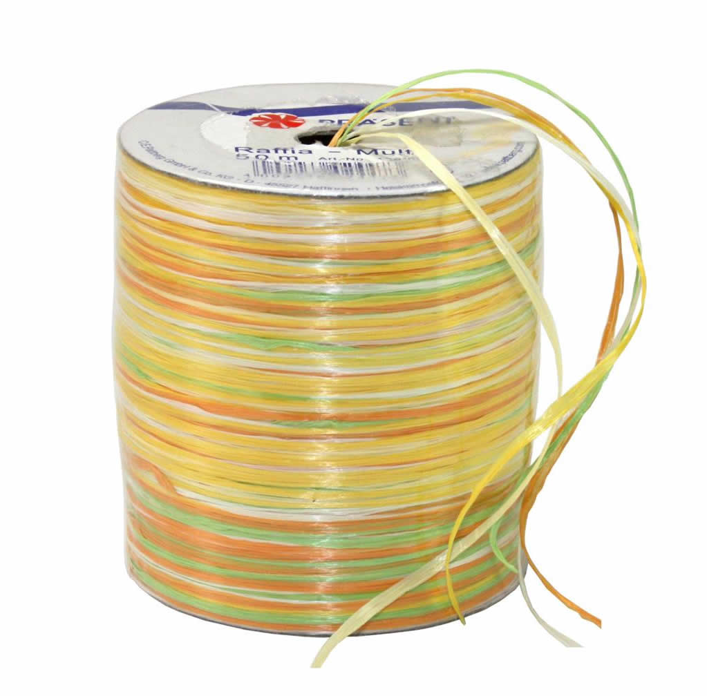 Raffia multicolour geel oranje groen (50 meter)