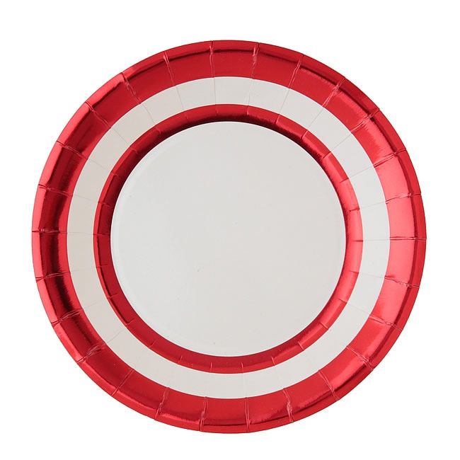 Papieren bordjes streep metallic rood Ø 22,5 cm (10 stuks)