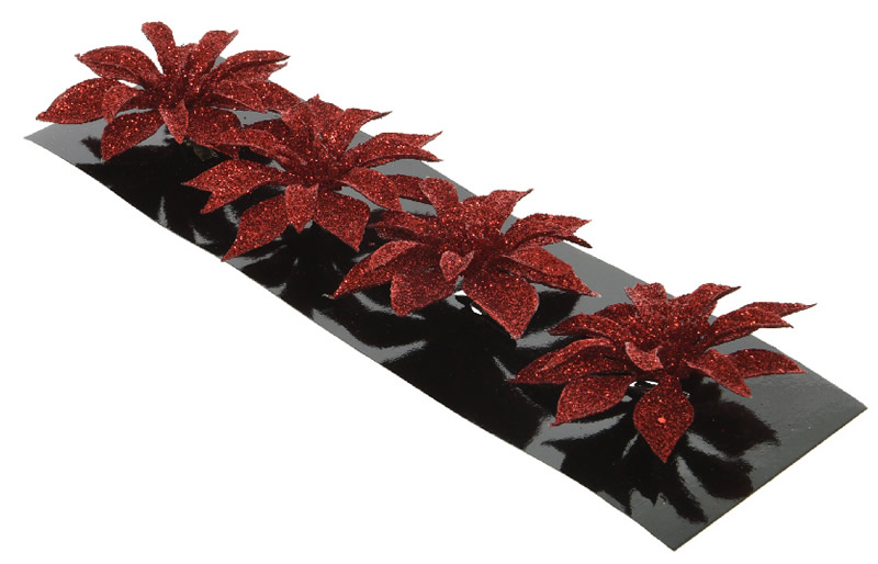 Decoratie bloemen kerstster met clip rood 8 cm (4 stuks)