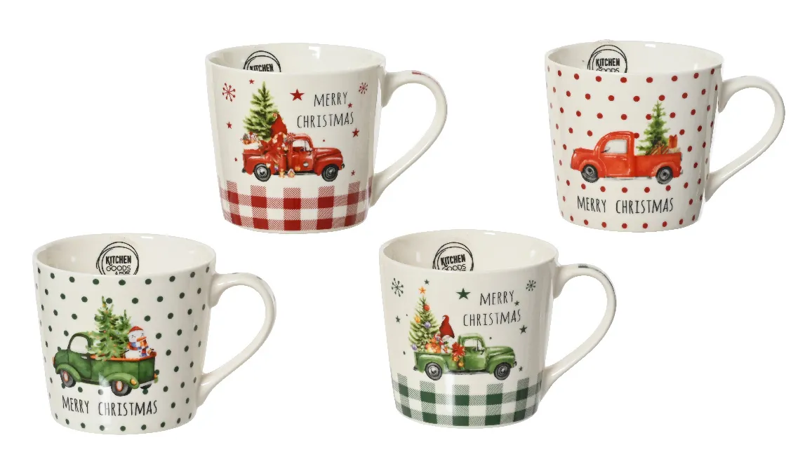 Kerstmokken Merry Christmas rood groen 8,8 cm (set 4 stuks) Kerstmokken Merry Christmas rood groen 8,8 cm (set 4 stuks)