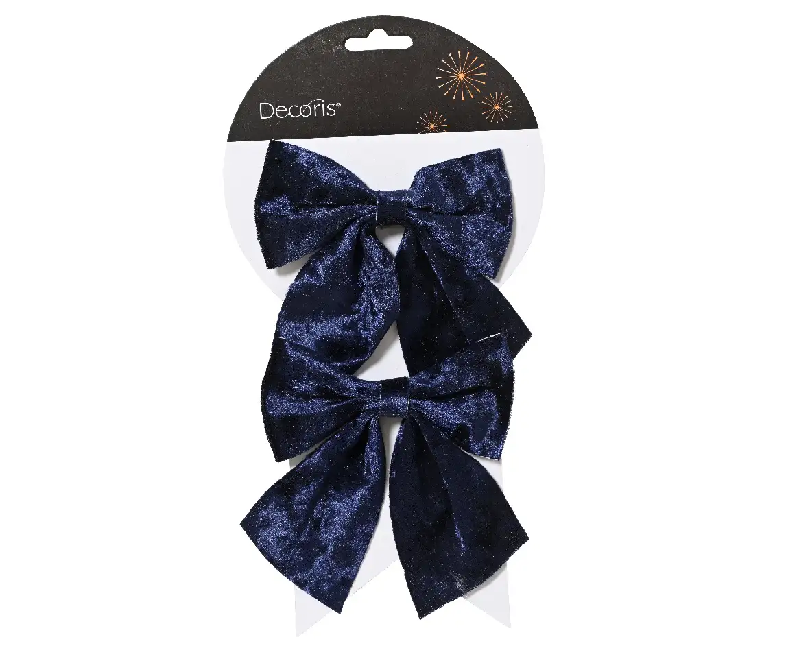 Decoratie strik velvet donkerblauw 12 cm (2 stuks)