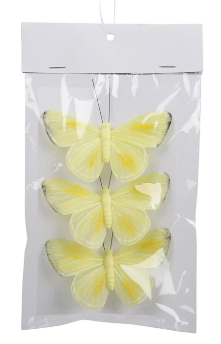 Decoratie vlinder op clip geel 9,5 cm (3 stuks)