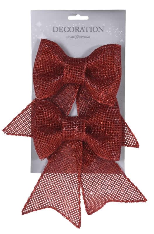 Decoratie strikken glitter rood 18 cm (2 stuks)