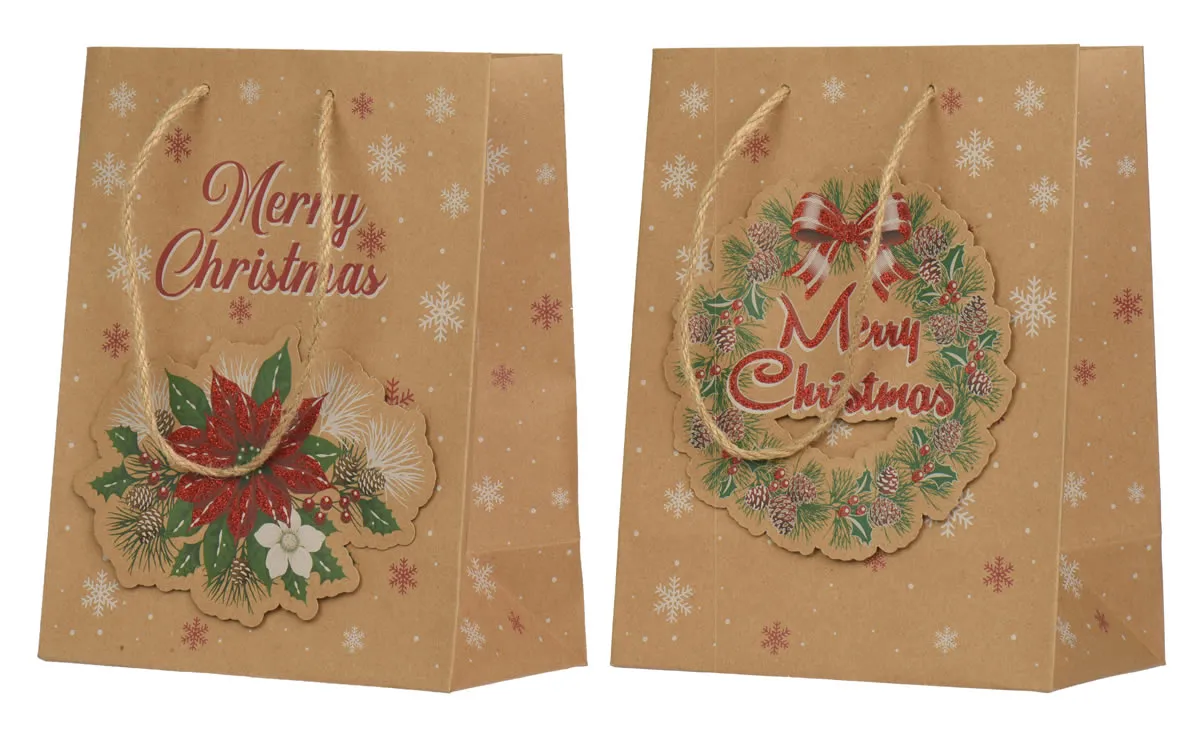 Kersttasjes Merry Christmas kraft bruin 18 x 8 x 23 cm (6 stuks)