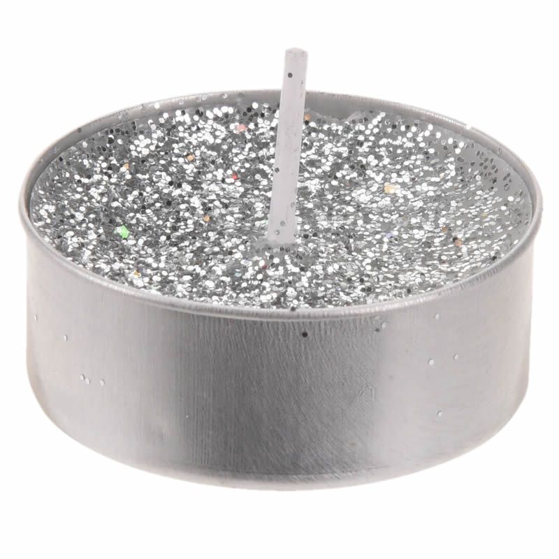 Waxinelichtjes glitter zilver Ø 3,7 cm (8 stuks)