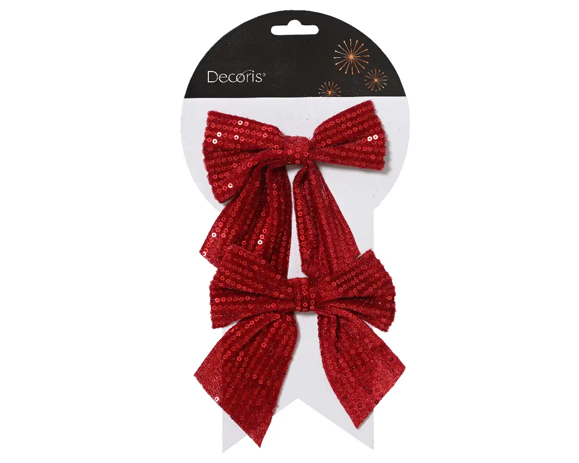 Decoratie strik velvet pailletten rood 12 cm (2 stuks)