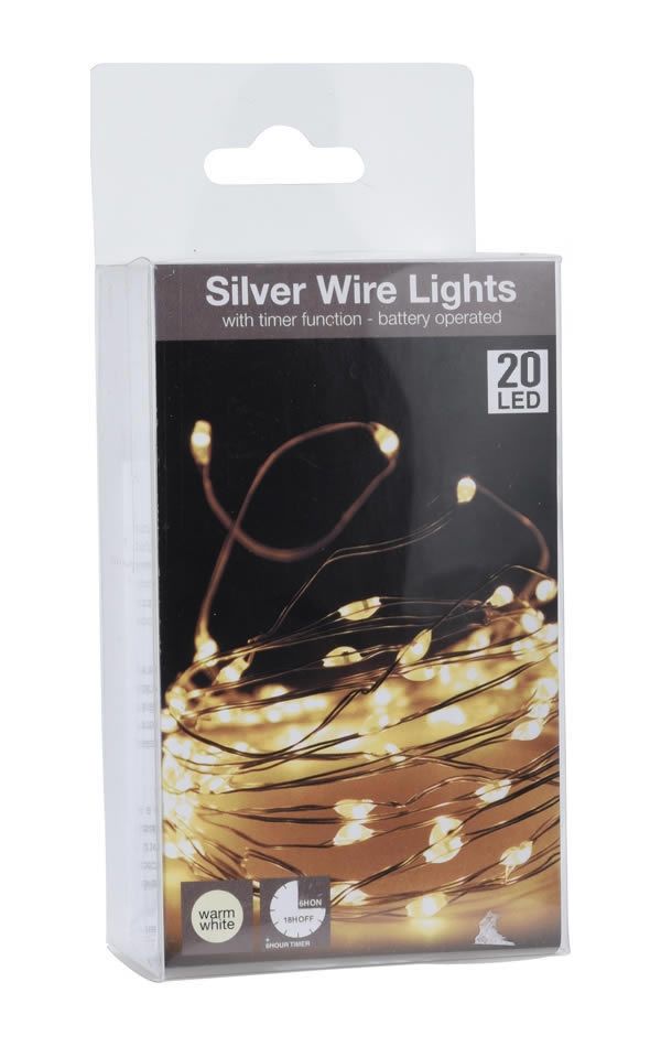 Kerstverlichting warm wit 20 LED zilverdraad (95 cm)