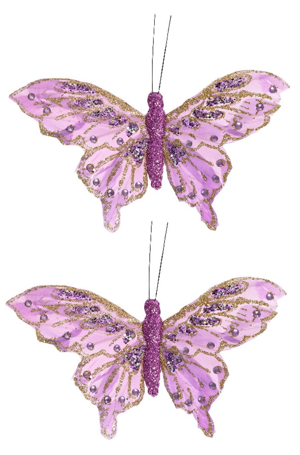 Decoratie vlinders op clip lila 15,5 cm (2 stuks)